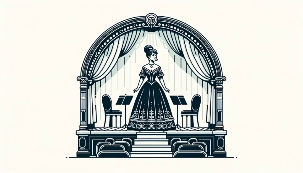 Escena de una pequeña representación operística en el siglo XIX mostrando a una cantante en un escenario compacto