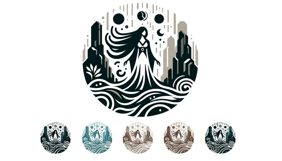 Ilustración minimalista de Fée Morgane rodeada de formaciones rocosas y simbolizando el matriarcado mítico en las rocas bretonas