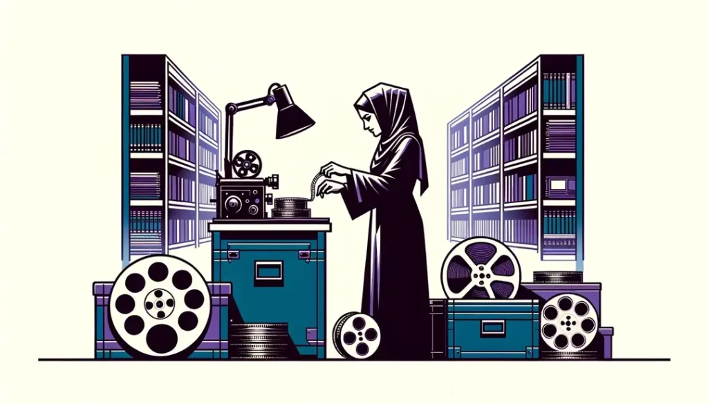 Escena minimalista de un archivo de cine con persona curando rollos en la Cinémathèque Française