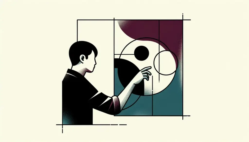 Ilustración minimalista de un espectador frente a una obra de arte moderna