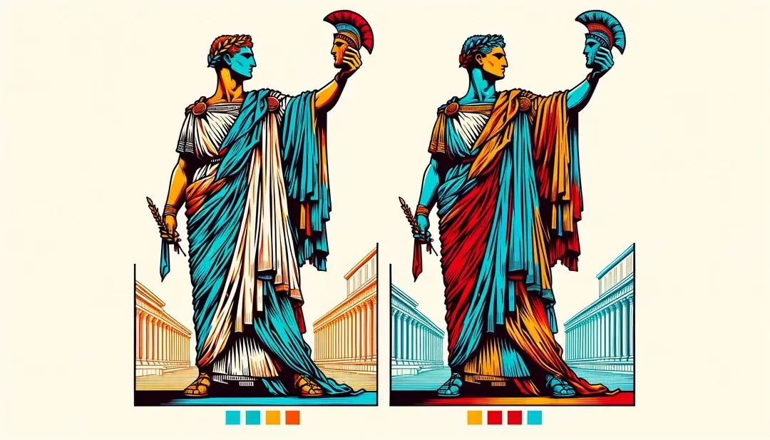 Escena minimalista de un festival galo-romano con figura humana en toga