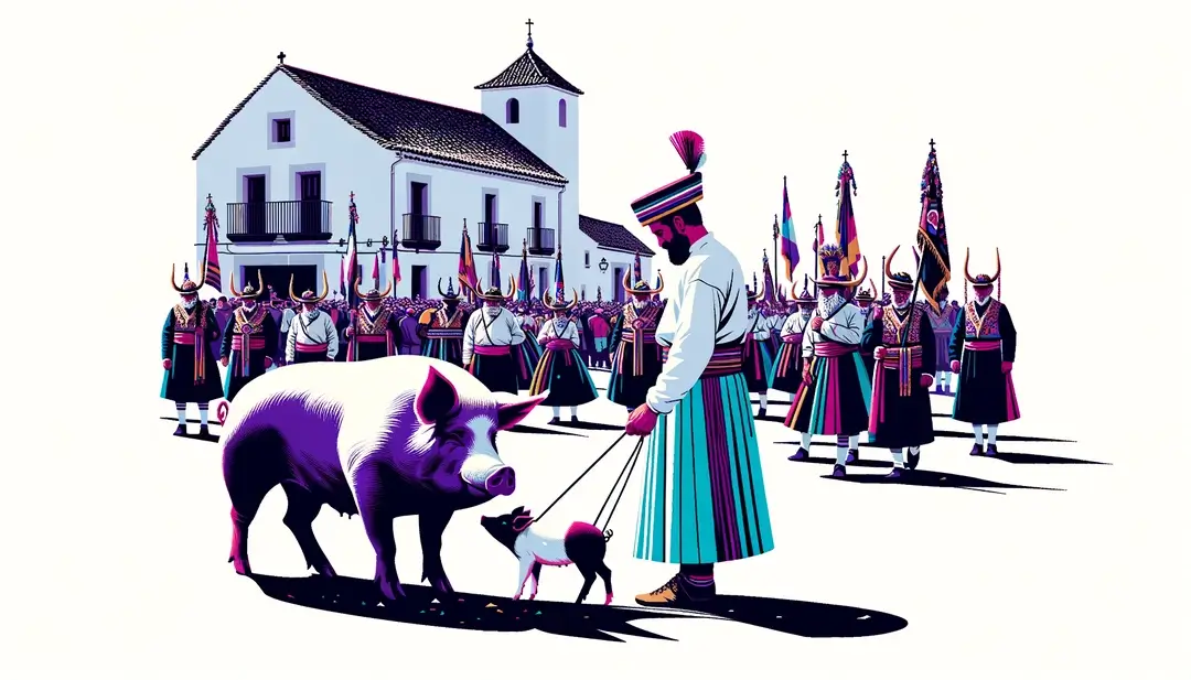 Procesión rural de San Antón con aldeano y cerdo bendito en España