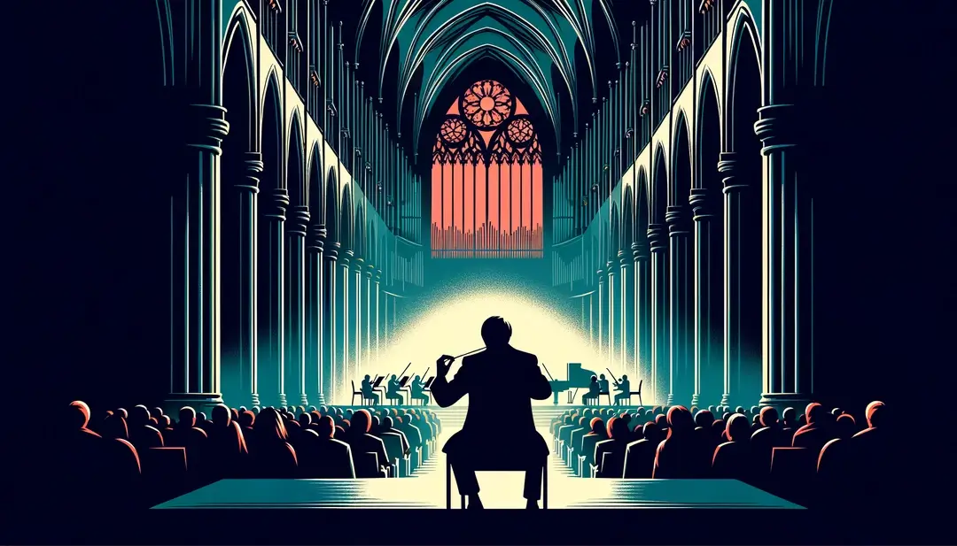 Silueta de figura humana en concierto de música sacra en catedral gótica iluminada con colores minimalistas
