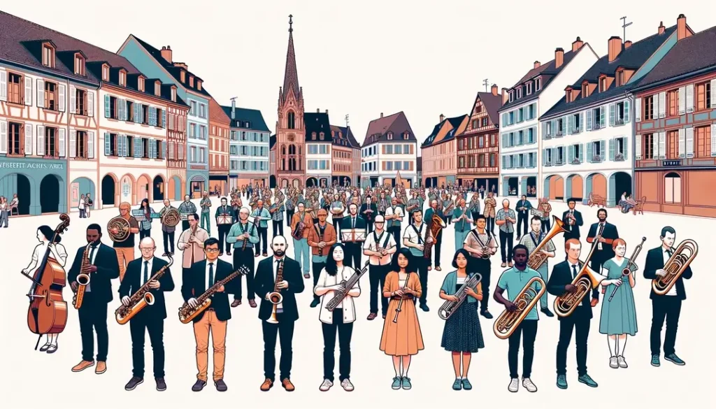 Ilustración minimalista de una banda municipal en Alsacia