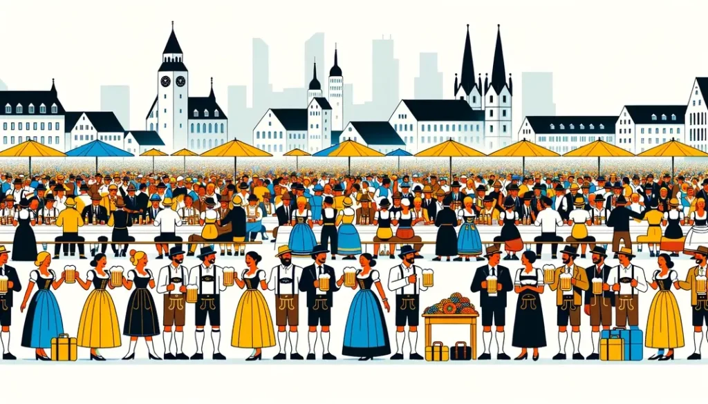 Escena de un festival de cerveza bávaro con figuras en atuendo tradicional y diversas culturas en una celebración conjunta