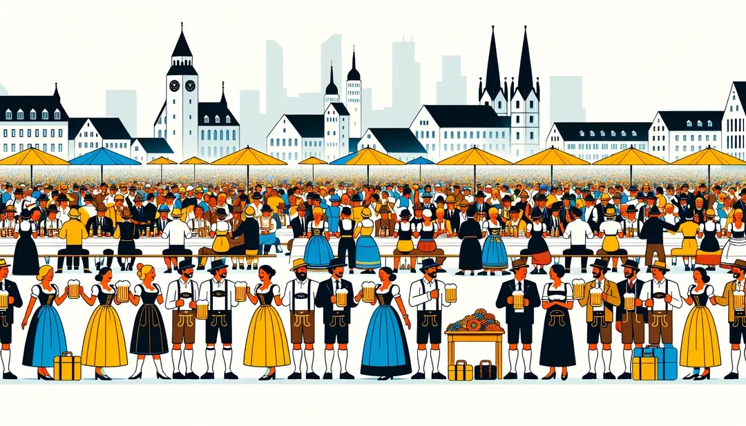 Escena de un festival de cerveza bávaro con figuras en atuendo tradicional y diversas culturas en una celebración conjunta