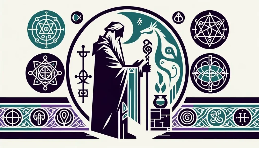 Ilustración minimalista de un druida celta realizando un ritual