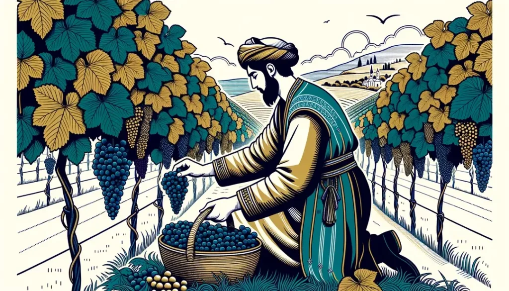 Ilustración de una figura humana cosechando uvas en un viñedo durante la vendimia en Champagne