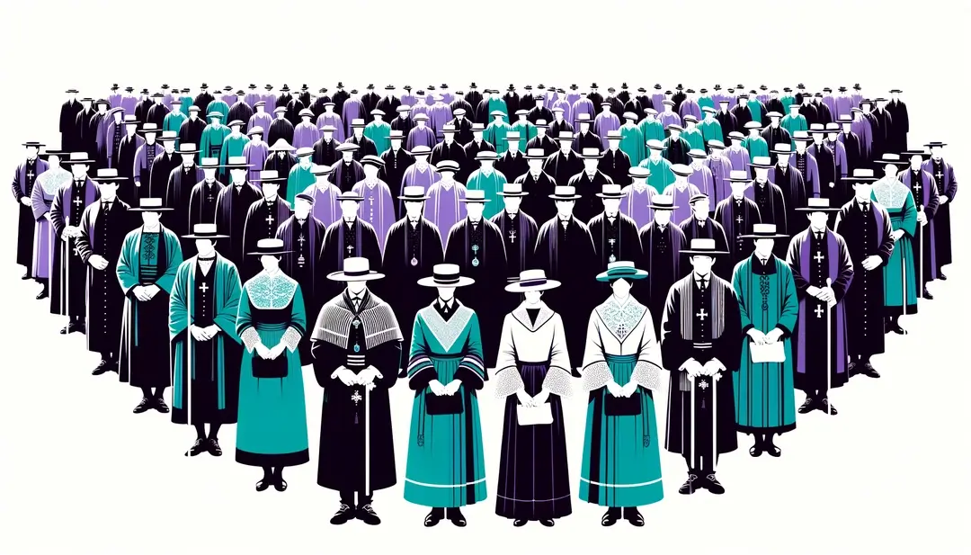 Imagen de una procesión del Gran Perdón con personas en trajes tradicionales bretones sobre fondo blanco