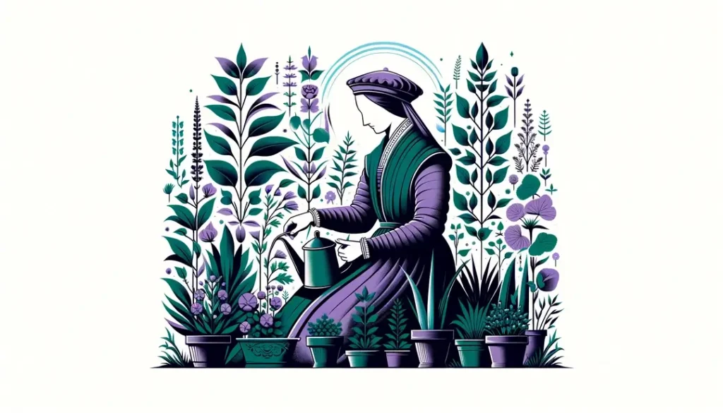 San Fiacro cuidando su jardín rodeado de plantas