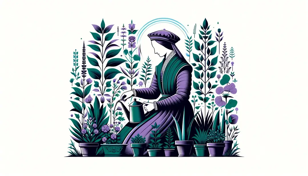 San Fiacro cuidando su jardín rodeado de plantas