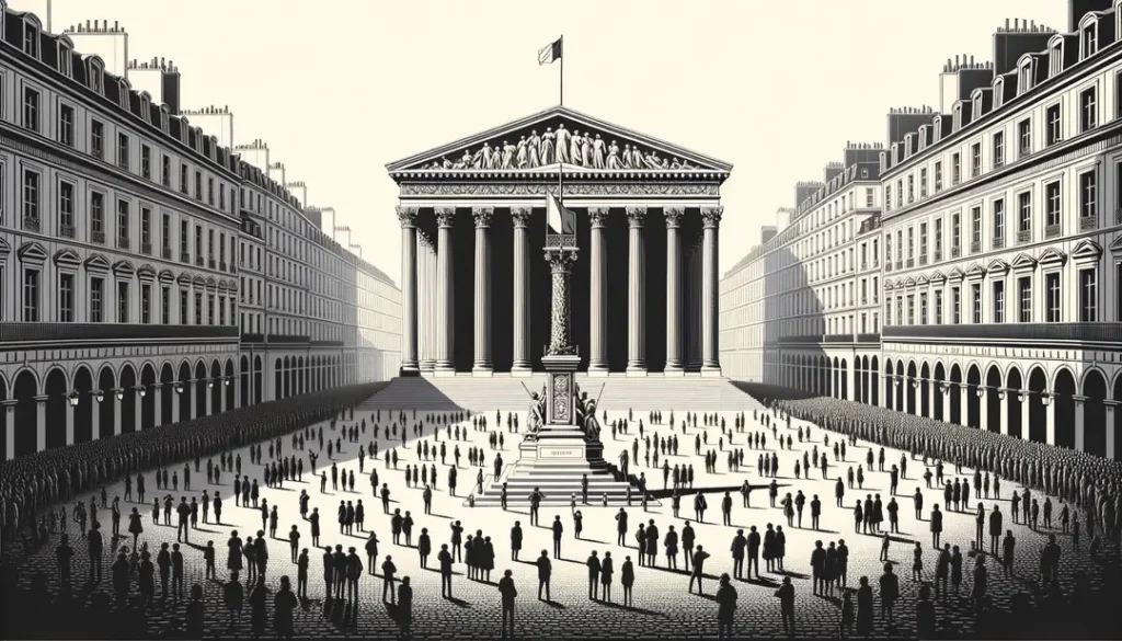 Ilustración minimalista de personas en una plaza pública conmemorando la revolución de 1848