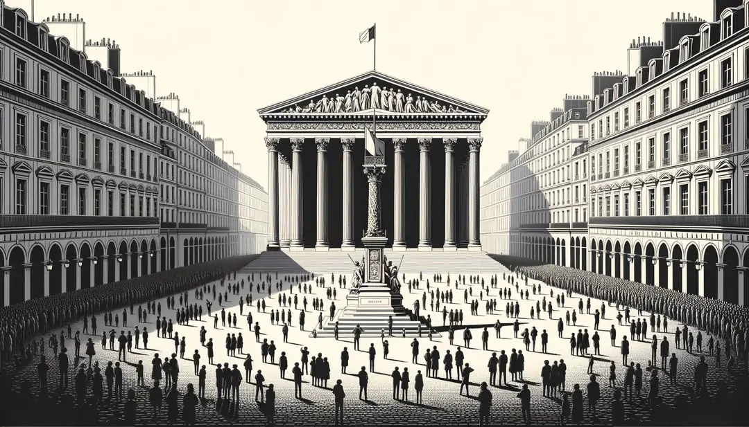 Ilustración minimalista de personas en una plaza pública conmemorando la revolución de 1848