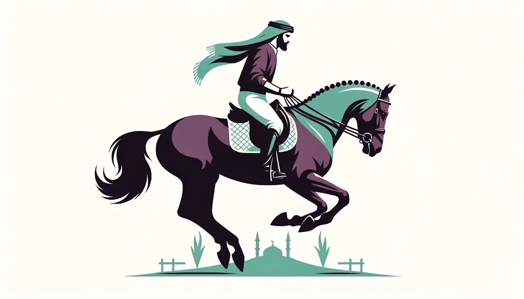 Ilustración de un festival ecuestre en el Pays d’Auge con un participante humano en un concurso de habilidad ecuestre