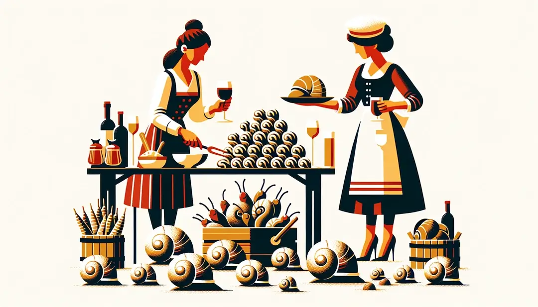 Ilustración minimalista de escargots en un evento festivo en Borgoña con elementos tradicionales franceses y colores elegantes