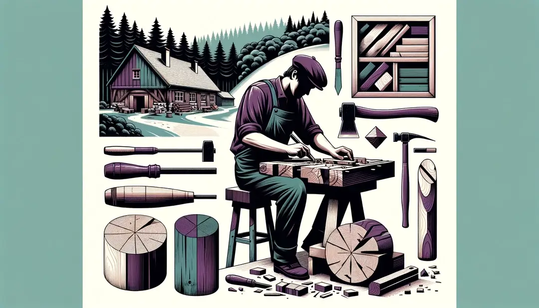 Ilustración de un artesano europeo tallando madera durante un festival cultural en Morvan con herramientas tradicionales