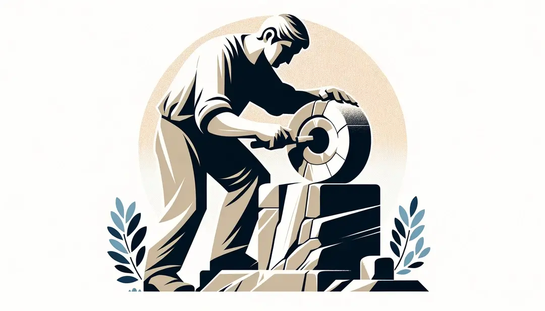 Ilustración minimalista de un escultor trabajando en un monumento de piedra en la región de Anjou