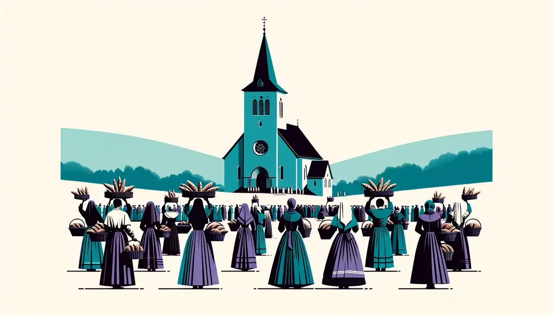 Ilustración de un festival tradicional donde se realiza la bendición del pan en una aldea rural de Francia central