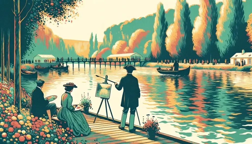 Pintores en las orillas del río en Giverny durante celebraciones artísticas inspiradas por Monet
