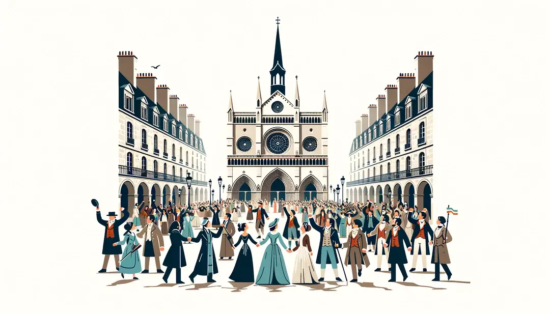 Grupo de personas en procesión bajo arcos de la iglesia Saint-Germain-des-Prés en estilo minimalista