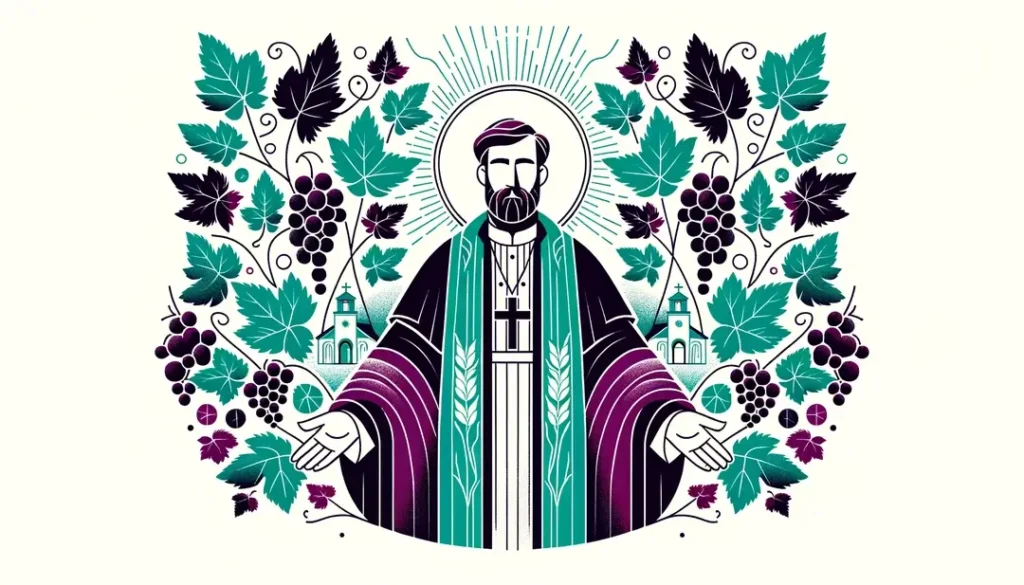 Ilustración minimalista de una celebración histórica con santos viticultores