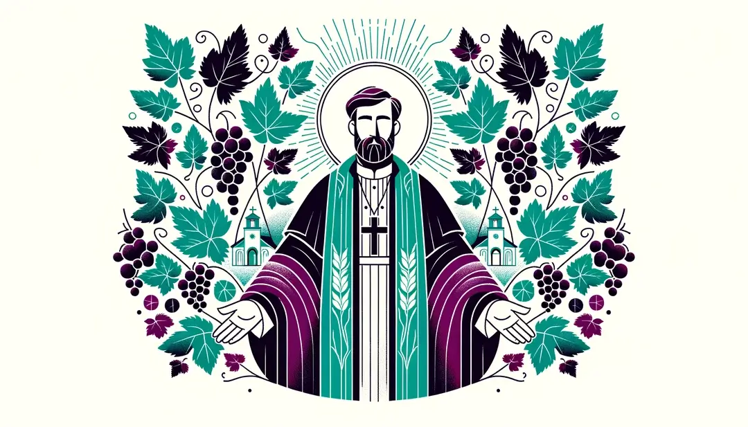 Ilustración minimalista de una celebración histórica con santos viticultores
