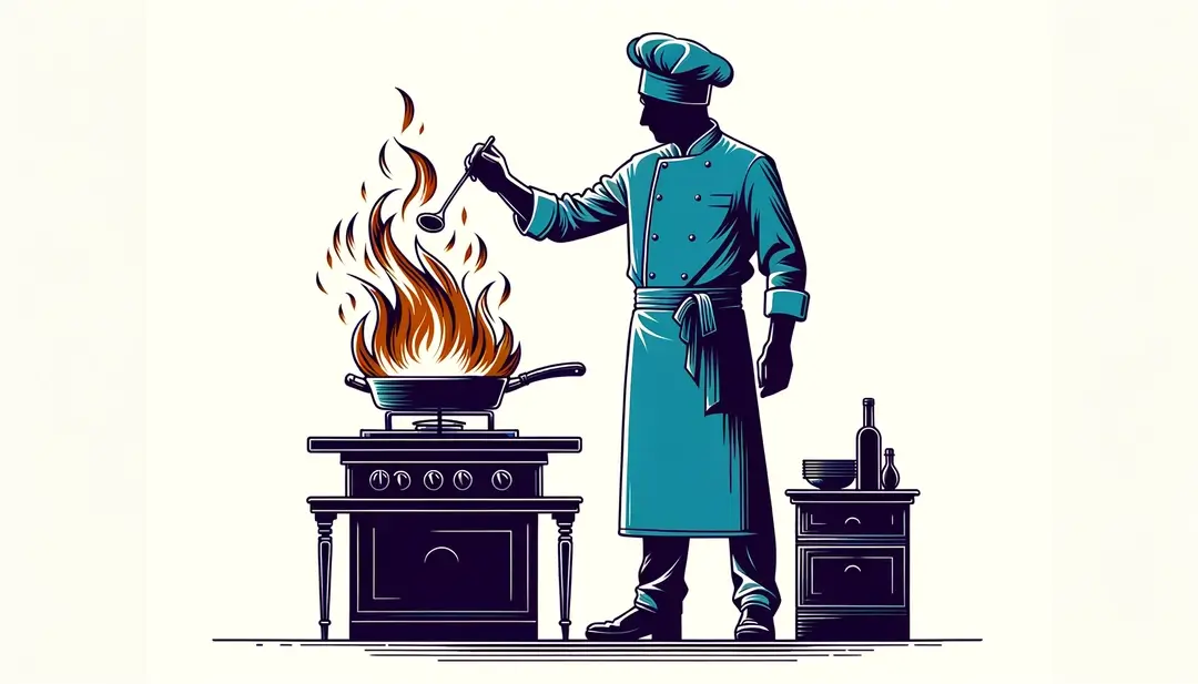 Chef francés utilizando técnicas culinarias en una cocina mientras flambéa un plato en sartén con llamas visibles