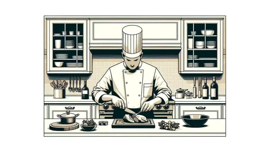 Ilustración de un chef francés cocinando foie gras en una cocina clásica