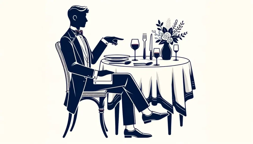 Escena minimalista de una mesa francesa con cubiertos elegantes y persona practicando la etiqueta