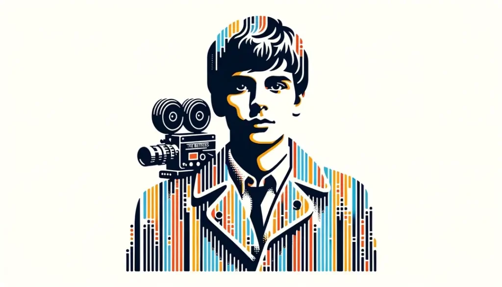 Ilustración de un joven cineasta francés con colores minimalistas sobre fondo blanco