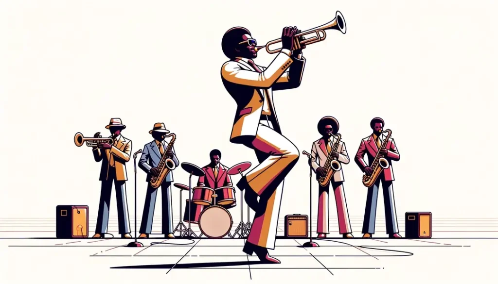 Ilustración minimalista de músicos mezclando fanfarria y funk en una escena vibrante