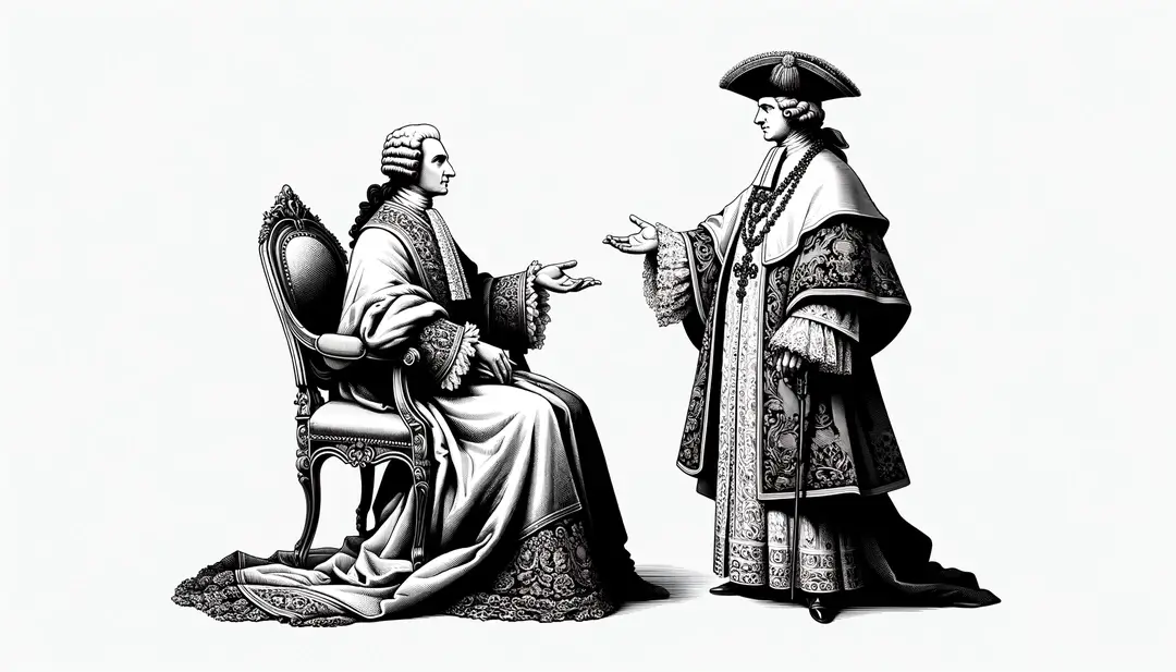 Escena minimalista que representa la interacción entre Luis XIV y un clérigo francés del siglo XVII en el contexto del galicanismo y la autonomía eclesiástica