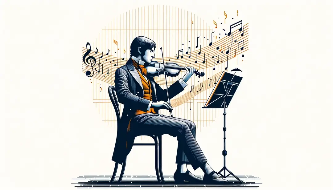 Ilustración de un músico francés del siglo XIX practicando violín en un conservatorio