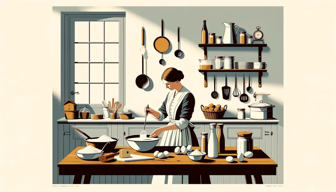 Mujer francesa preparando un pastel de yogur casero en una cocina tradicional