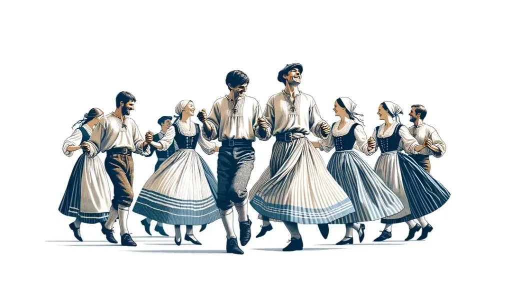 Ilustración de una danza tradicional bretona mostrando trajes típicos y la esencia cultural en un estilo minimalista