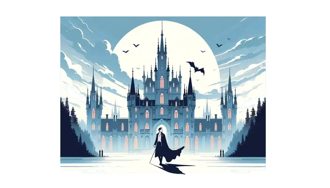Ilustración de un castillo gótico francés con un vampiro