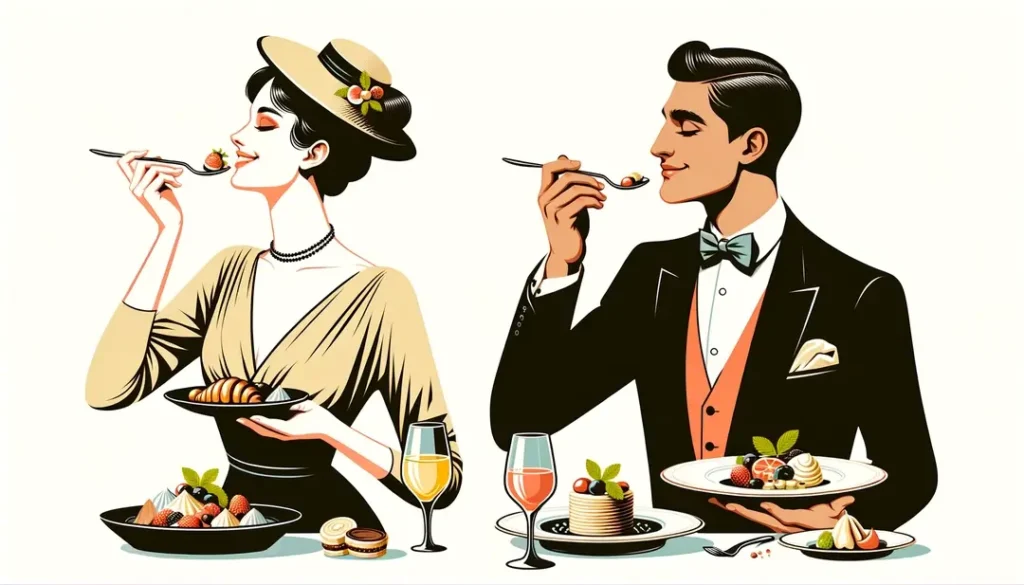 Dos individuos franceses disfrutando de experiencia gastronómica