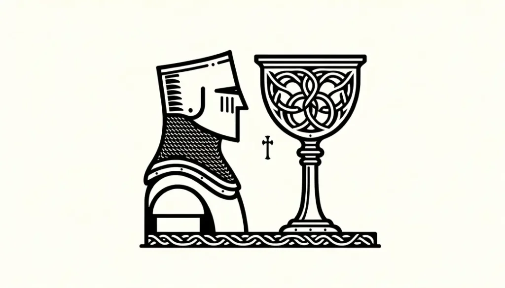 Imagen minimalista del Santo Grial acompañado por un caballero medieval francés