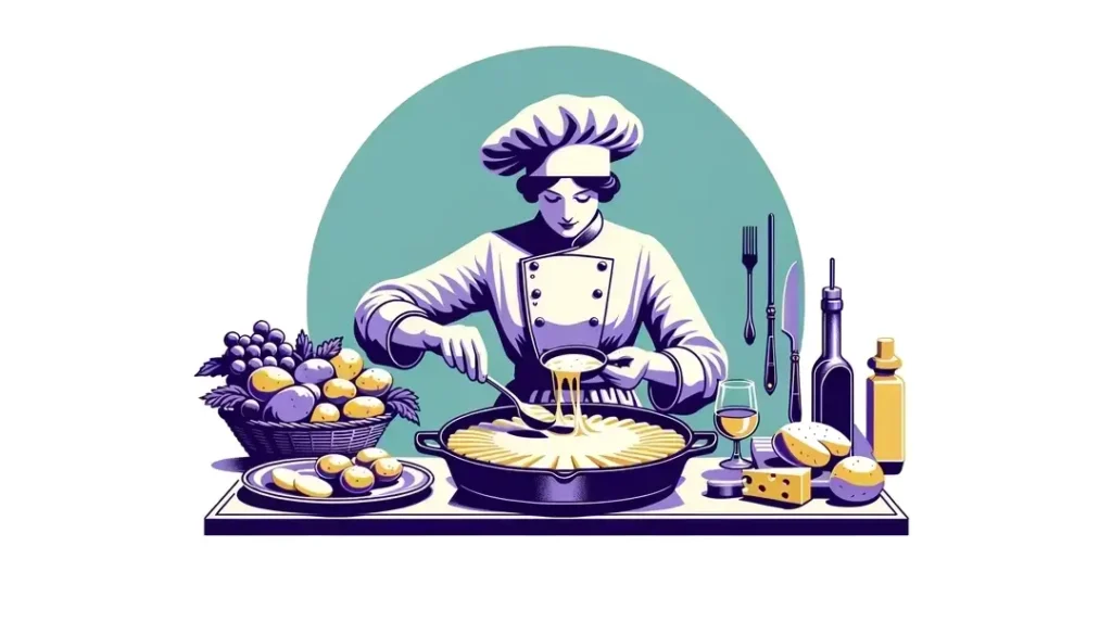 Ilustración minimalista de un chef francés agregando queso a un platillo en preparación para el horno