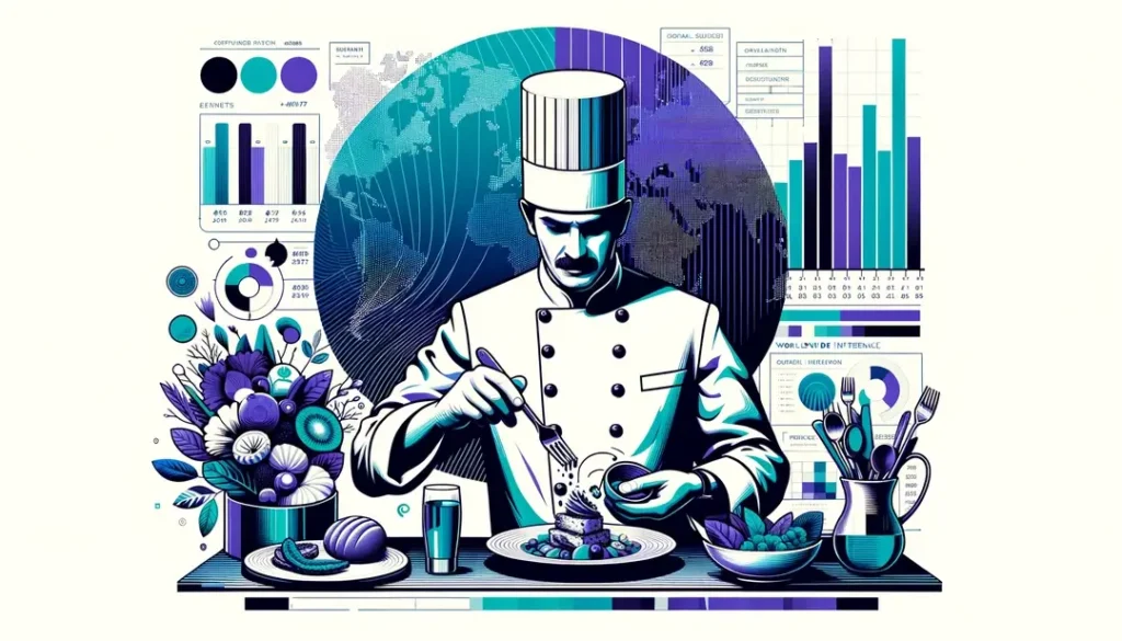 Ilustración minimalista que muestra a un chef francés del siglo XX en un restaurante de alta cocina