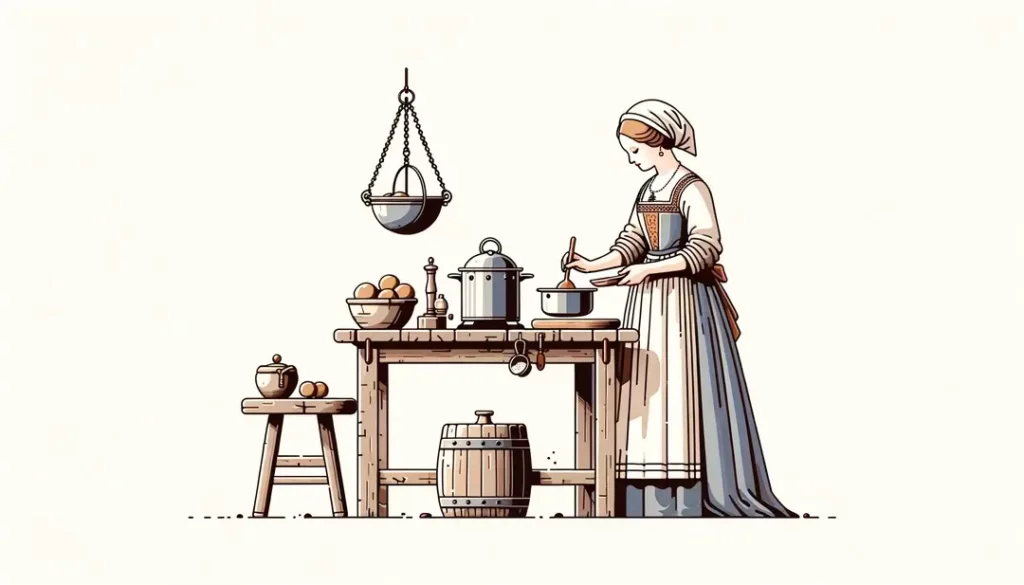 Ilustración de cocina medieval francesa con una nobleza preparando un plato tradicional