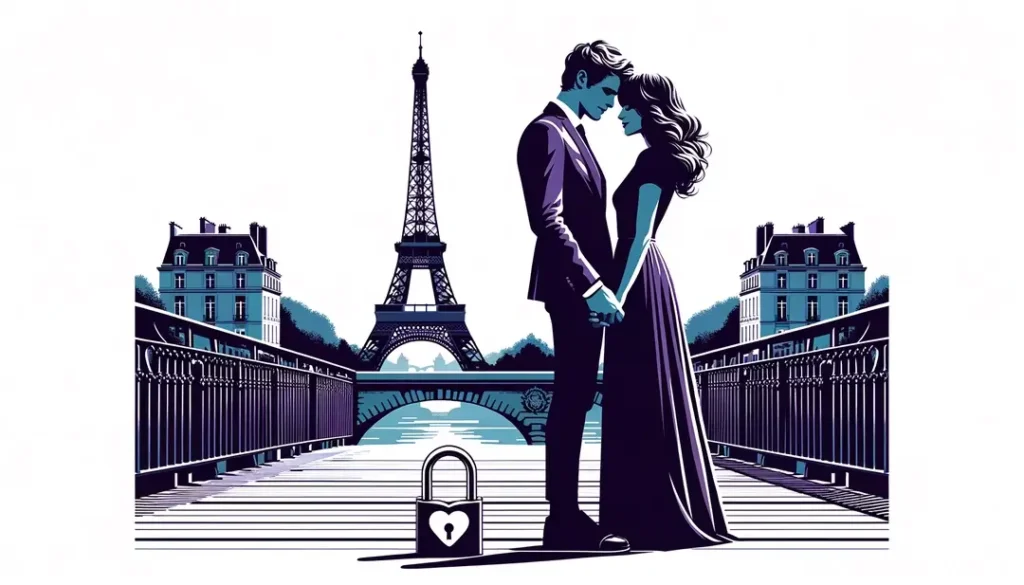 Pareja en un puente europeo histórico sellando su amor eterno con un candado