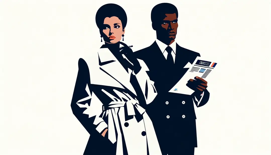 Ilustración minimalista de dos figuras de espionaje en estilo francés de los años 80