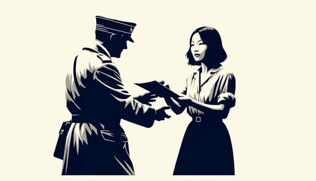 Escena de la resistencia francesa durante el régimen de Vichy con figura humana entregando un documento secreto