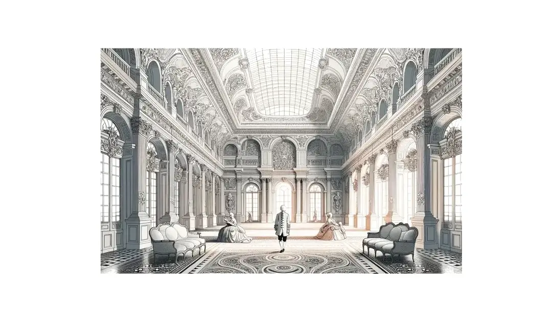 Ilustración de arquitectura barroca francesa con figura del Barroco y homenajes a Lully