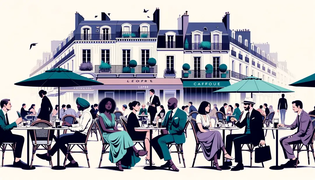 Ilustración de un café francés con gente disfrutando de un almuerzo relajado