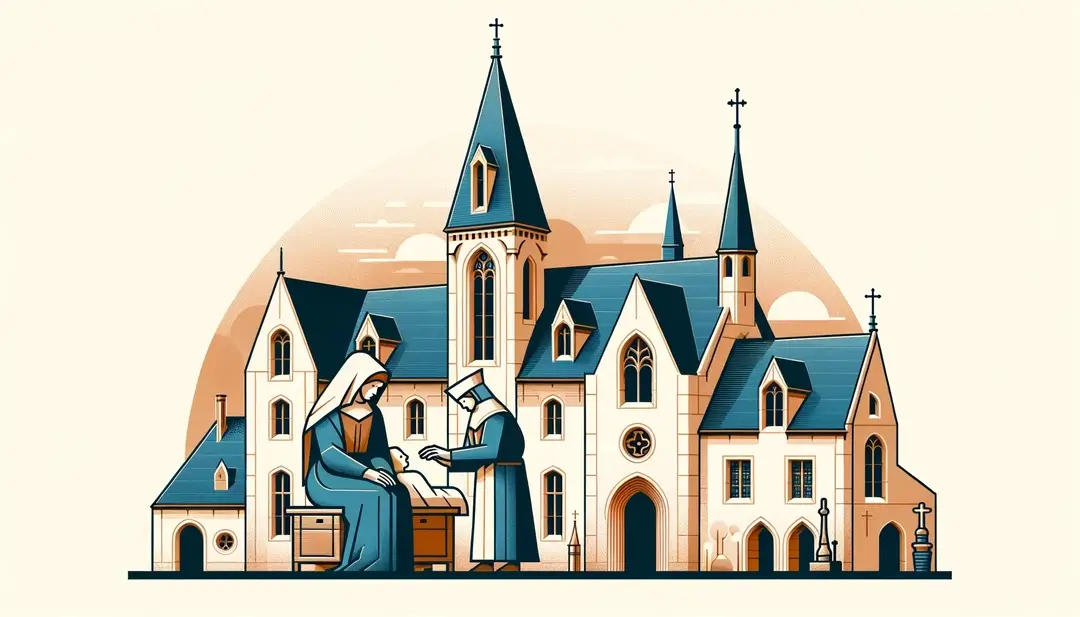 Ilustración minimalista de un hospital medieval francés