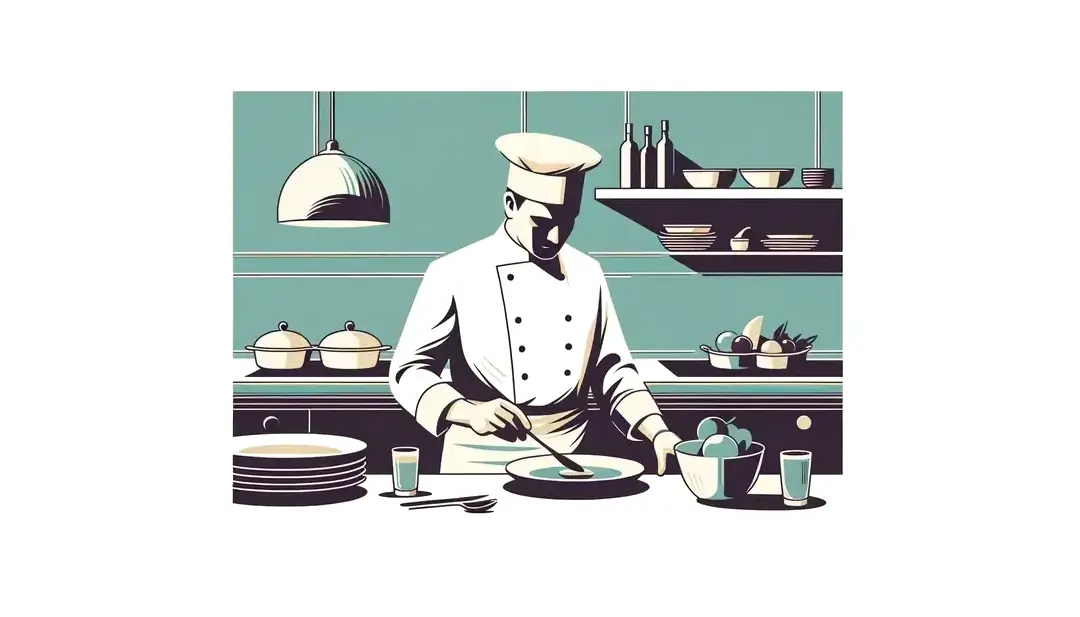 Un chef francés preparando platos gourmet en una cocina moderna