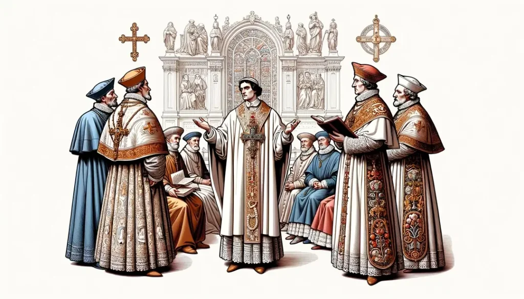 Ilustración minimalista de un clérigo católico del siglo XVI representando los conflictos religiosos y su impacto en la terminología católica