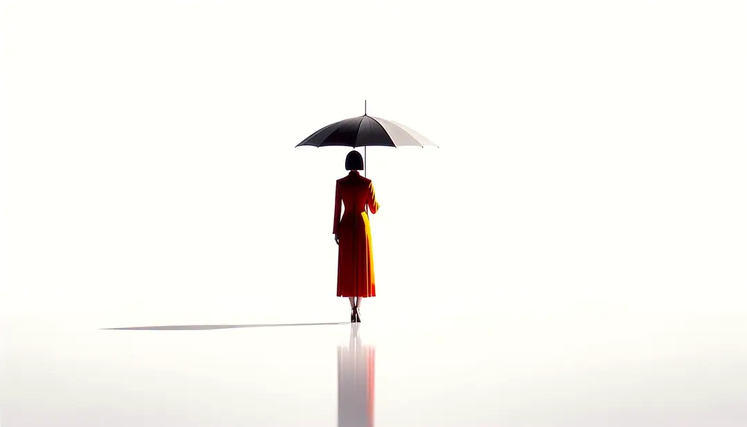 Ilustración minimalista de una figura con paraguas basada en la película de Jacques Demy